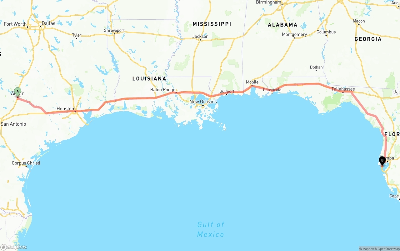 Shipping route from Austin to St. Petersburg