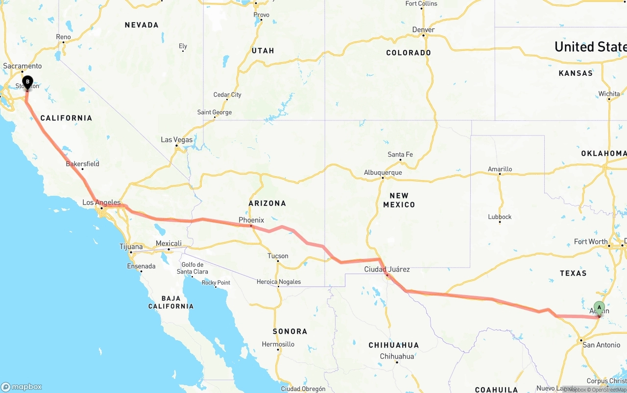 Shipping route from Austin to Stockton