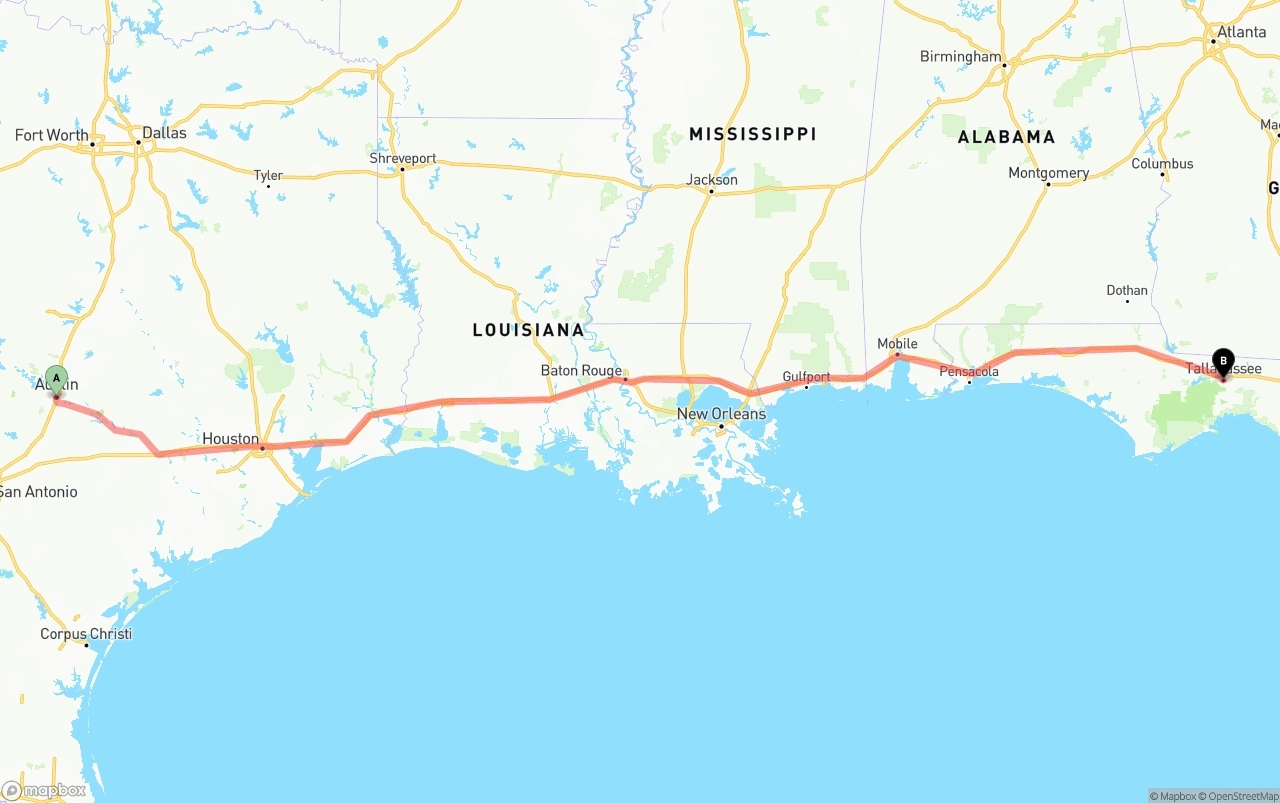 Shipping route from Austin to Tallahassee