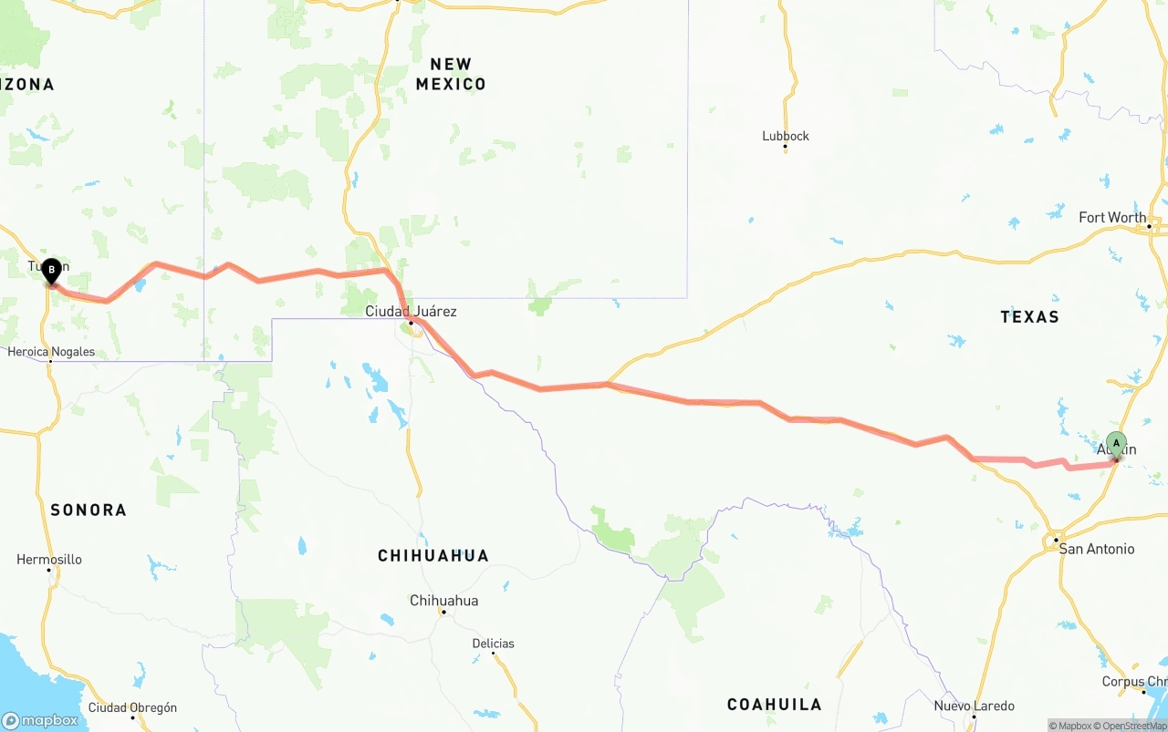 Shipping route from Austin to Tucson International Airport