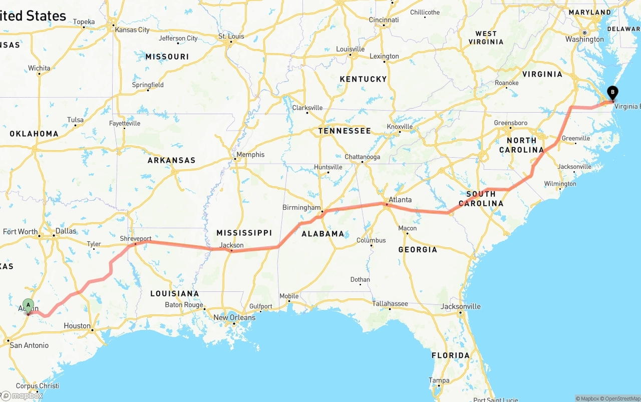 Shipping route from Austin to Virginia Beach
