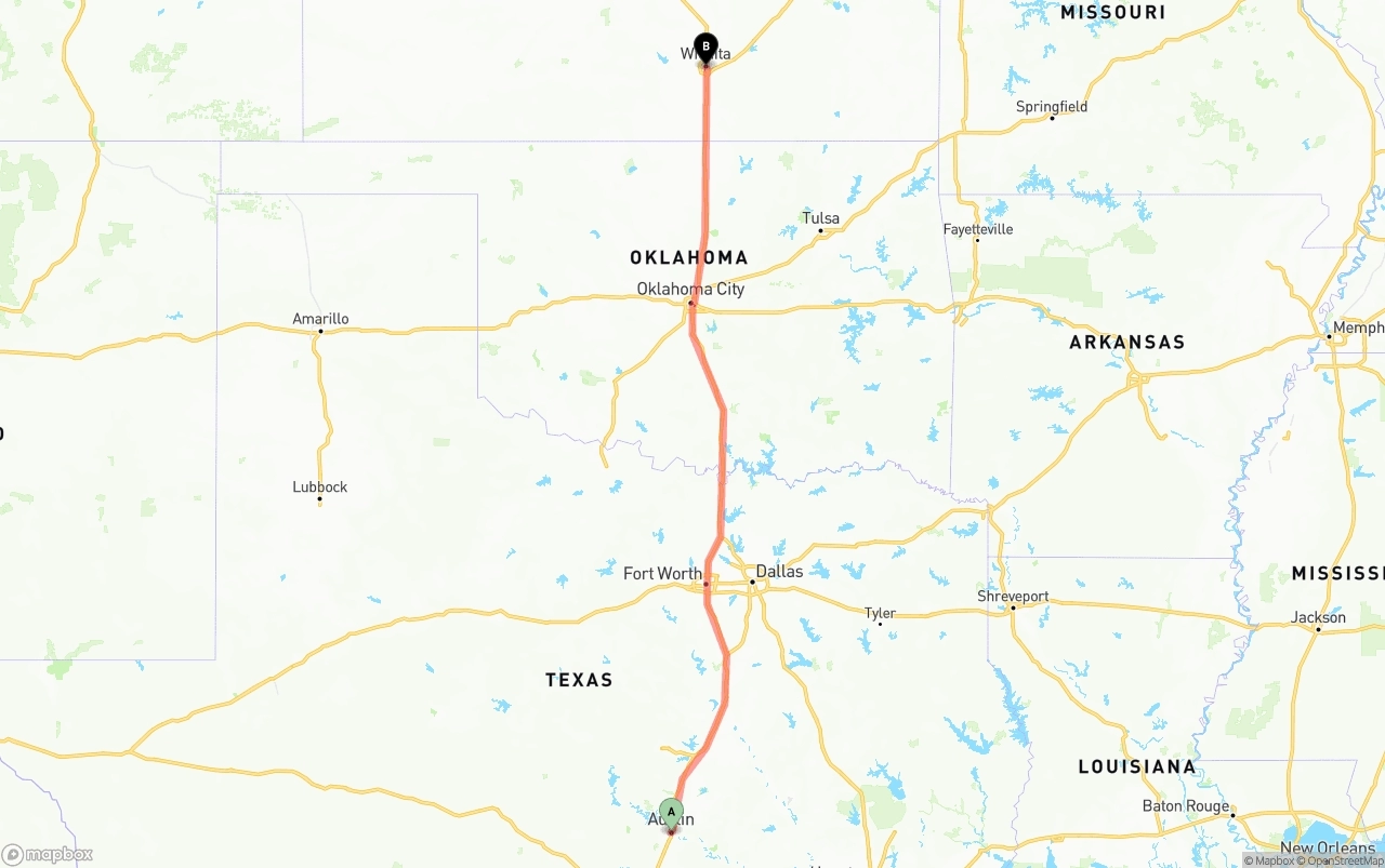 Shipping route from Austin to Wichita