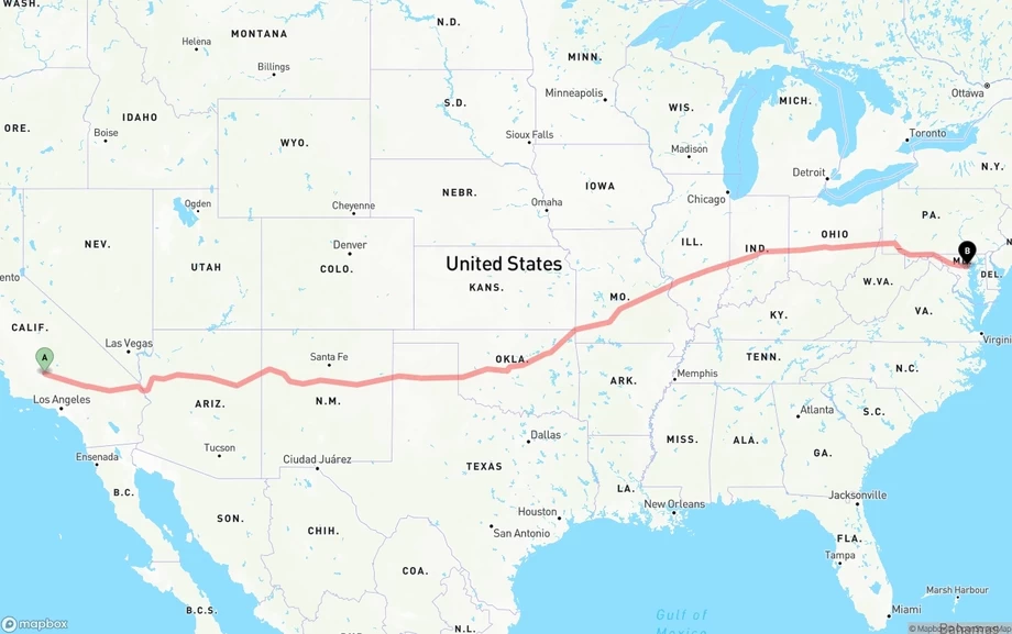 Bakersfield to Baltimore freight shipping route map