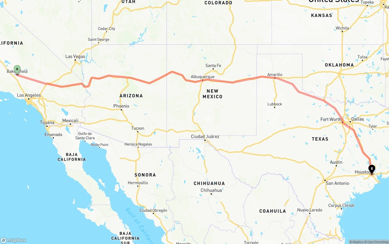Shipping route from Bakersfield to Houston