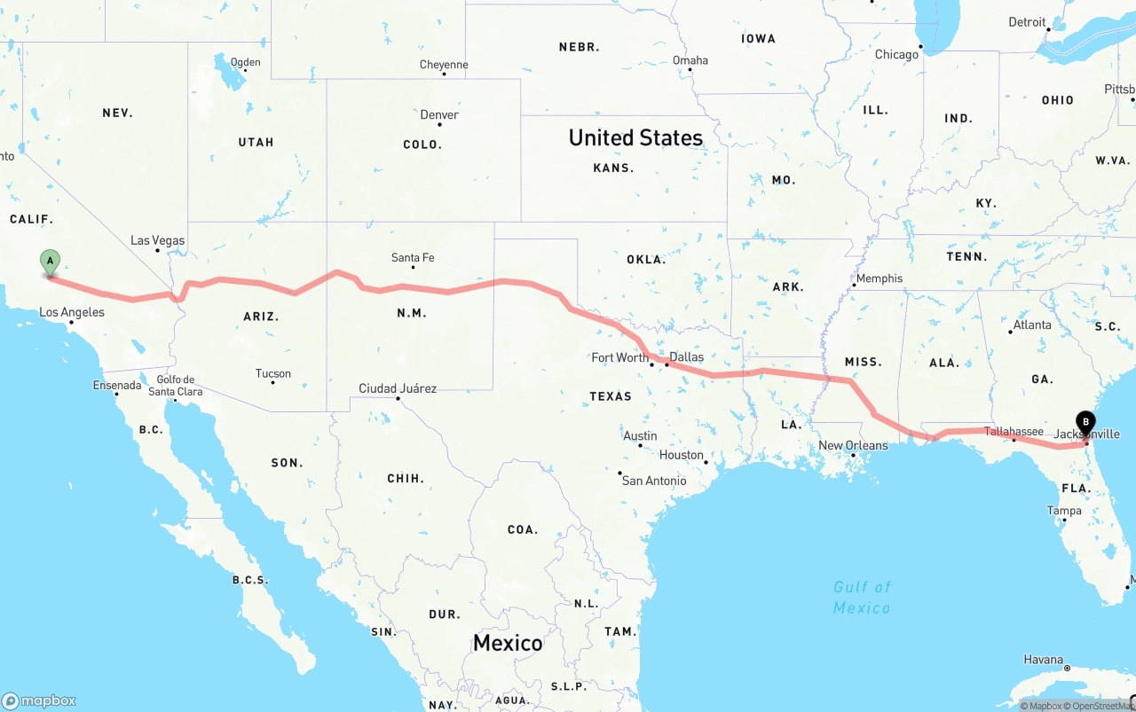 Shipping route from Bakersfield to Jacksonville International Airport
