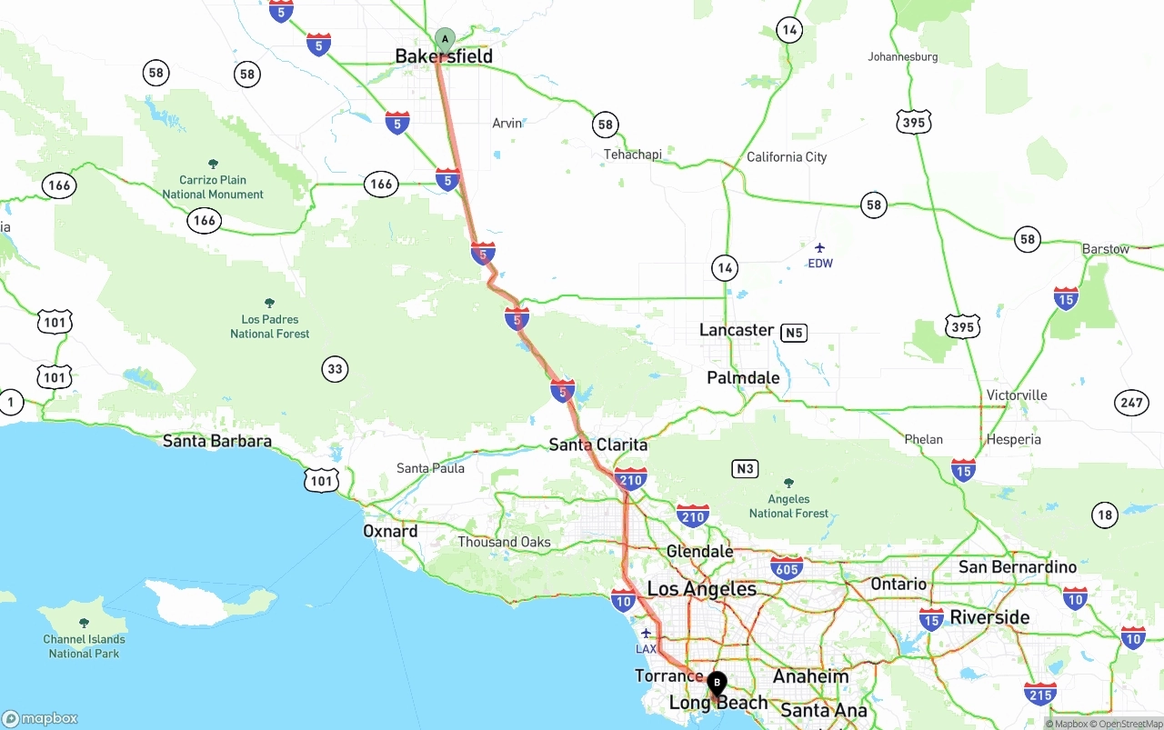 Shipping route from Bakersfield to Long Beach
