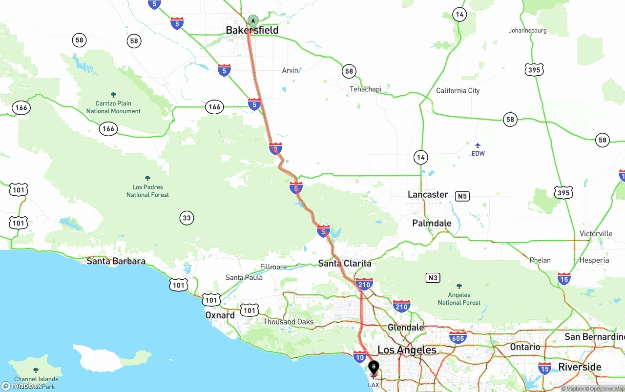 Shipping route from Bakersfield to Los Angeles International Airport