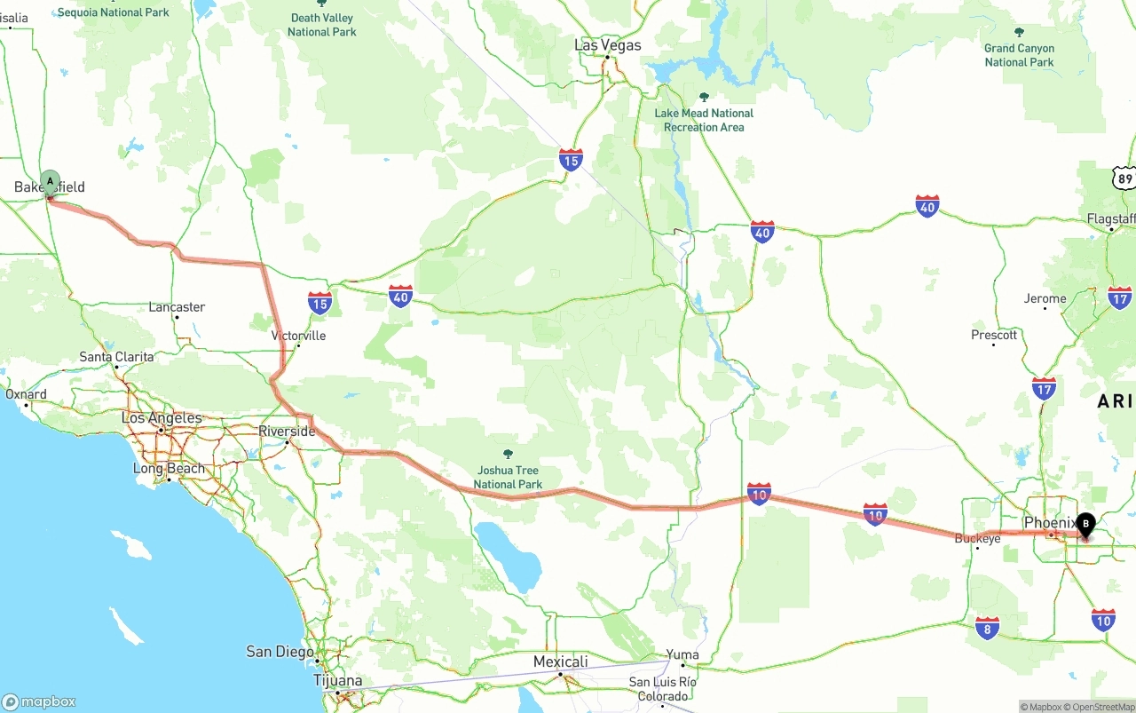 Shipping route from Bakersfield to Mesa