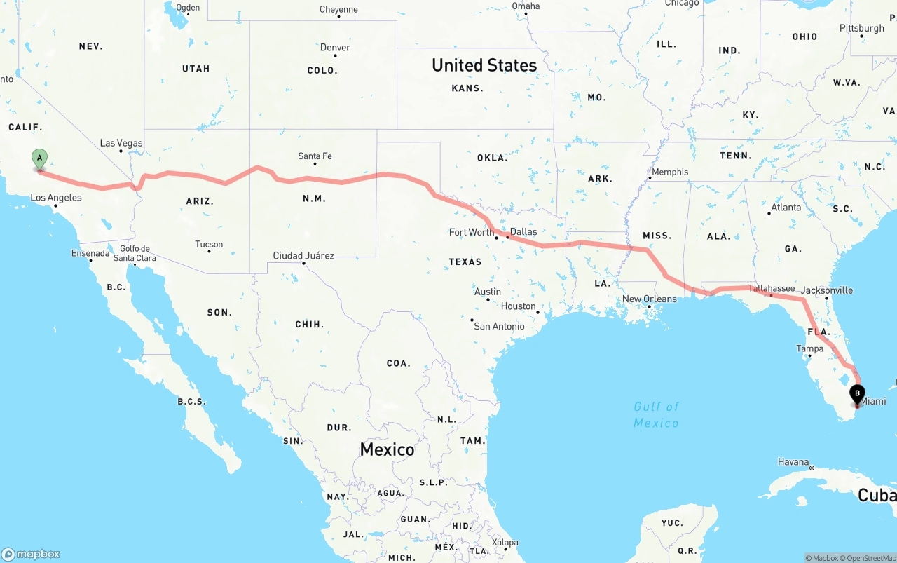 Shipping route from Bakersfield to Miami