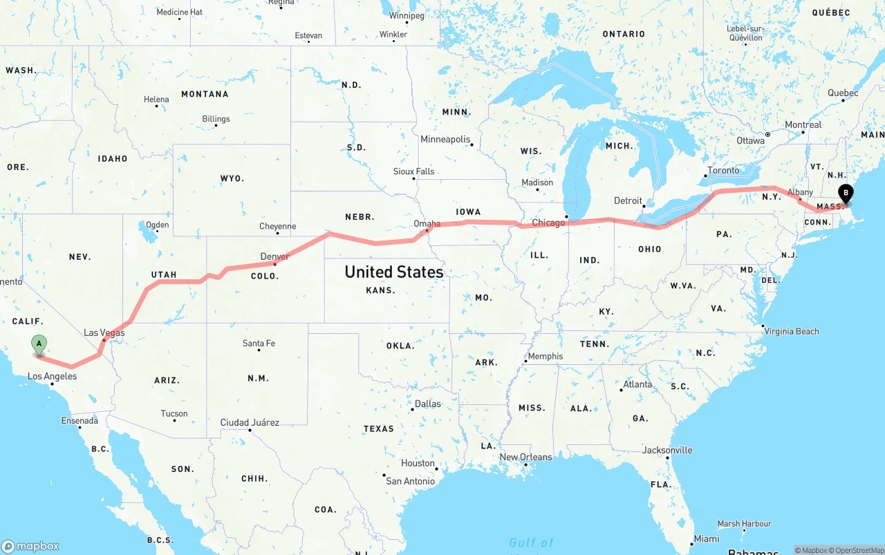 Shipping route from Bakersfield to Port of Boston