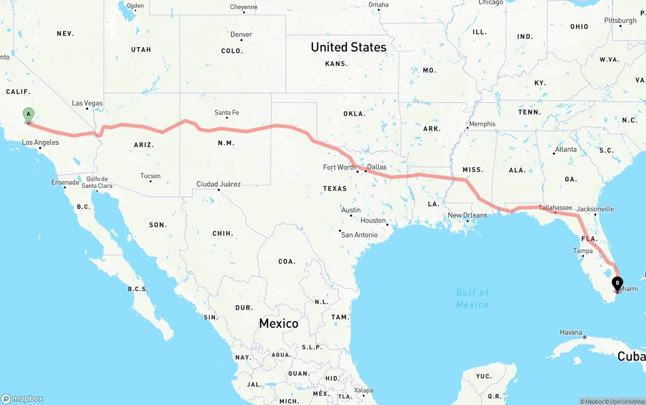Shipping route from Bakersfield to Port of Miami