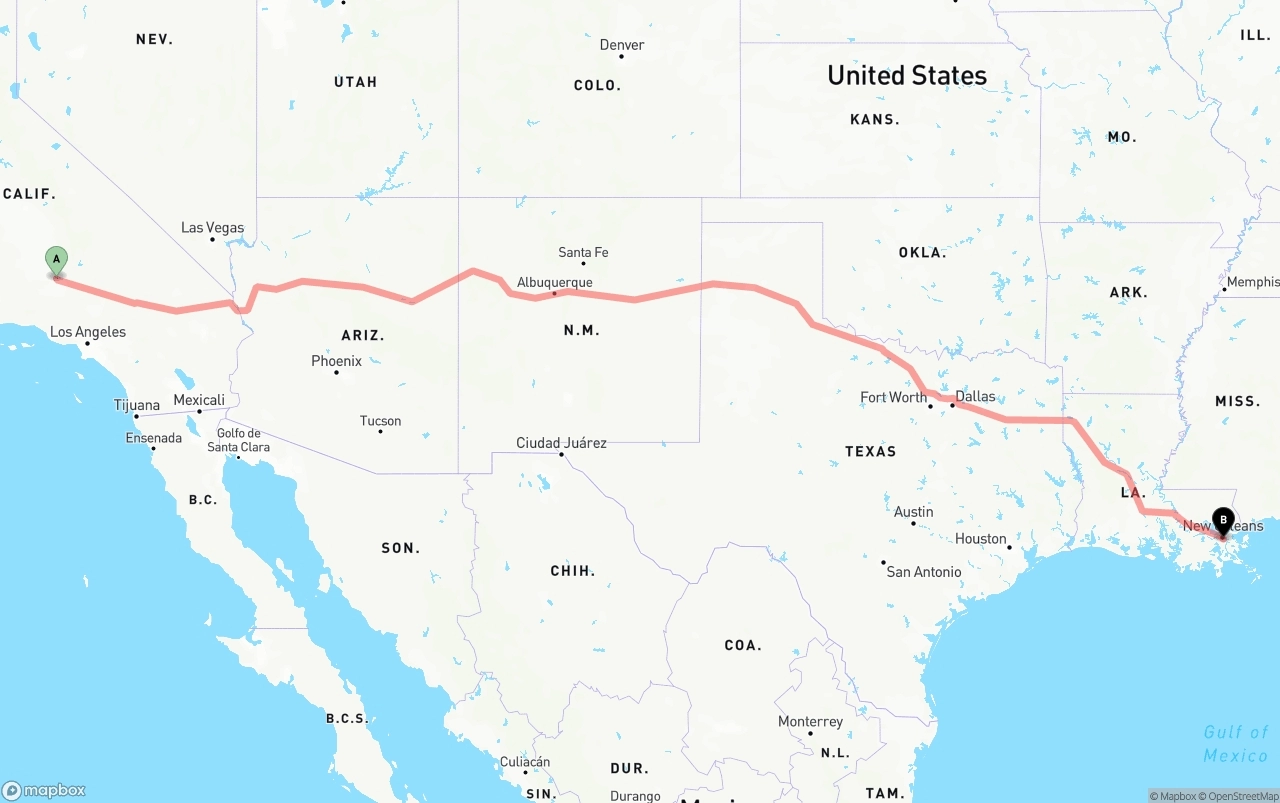 Shipping route from Bakersfield to Port of New Orleans
