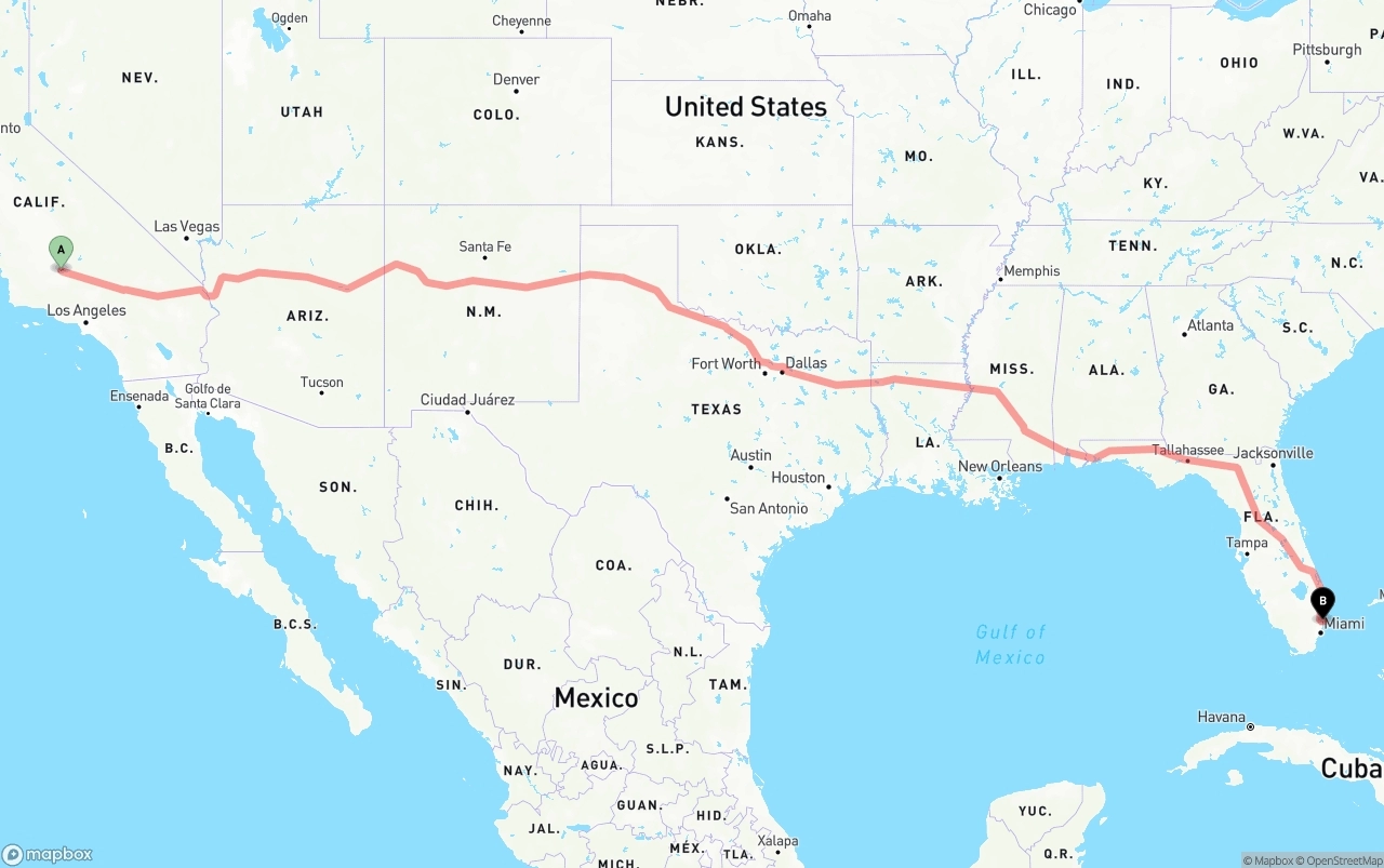 Shipping route from Bakersfield to Port of Port Everglades