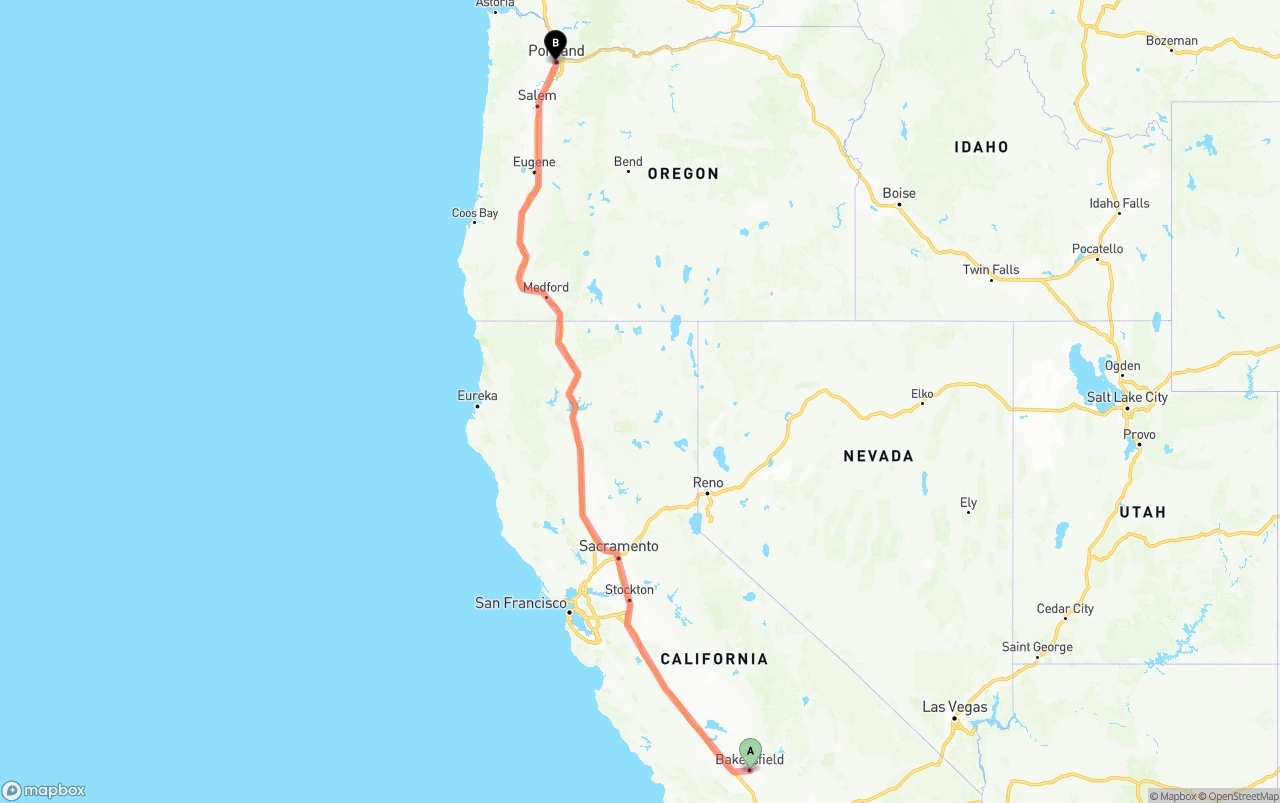 Shipping route from Bakersfield to Portland