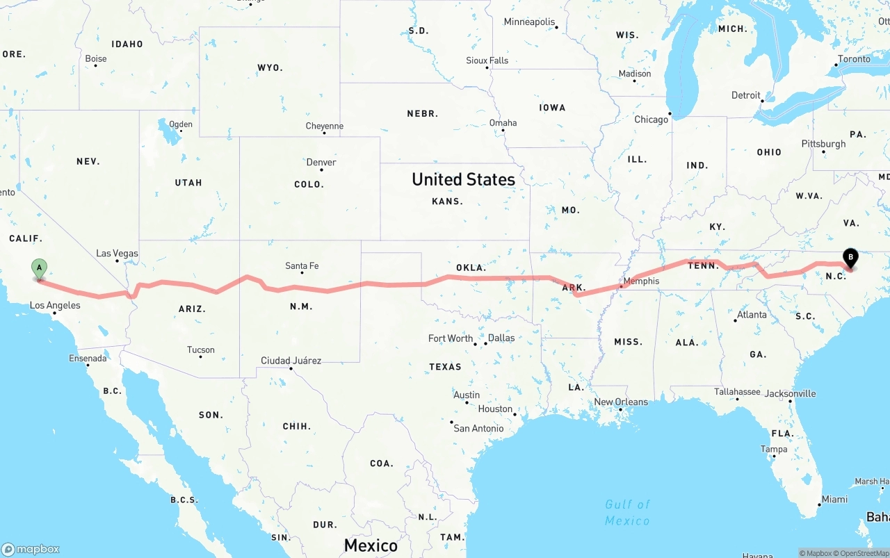 Shipping route from Bakersfield to Raleigh