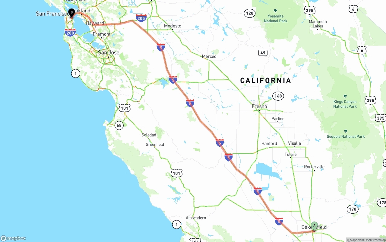 Shipping route from Bakersfield to San Francisco