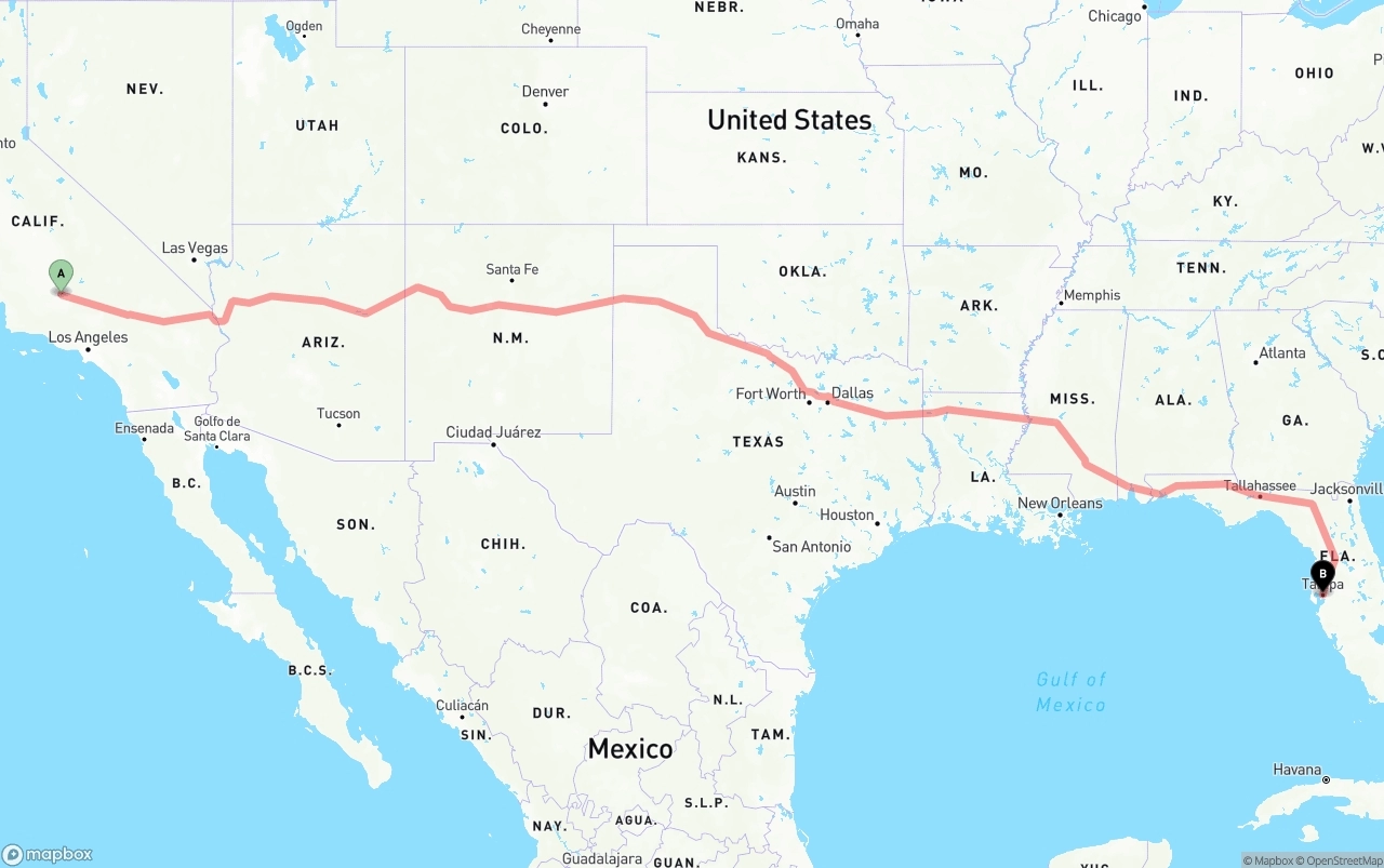 Shipping route from Bakersfield to Tampa