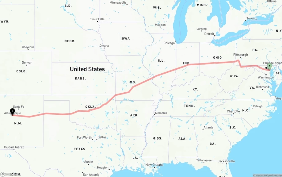 Baltimore to Albuquerque freight shipping route map
