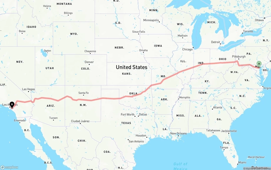 Baltimore to Anaheim freight shipping route map