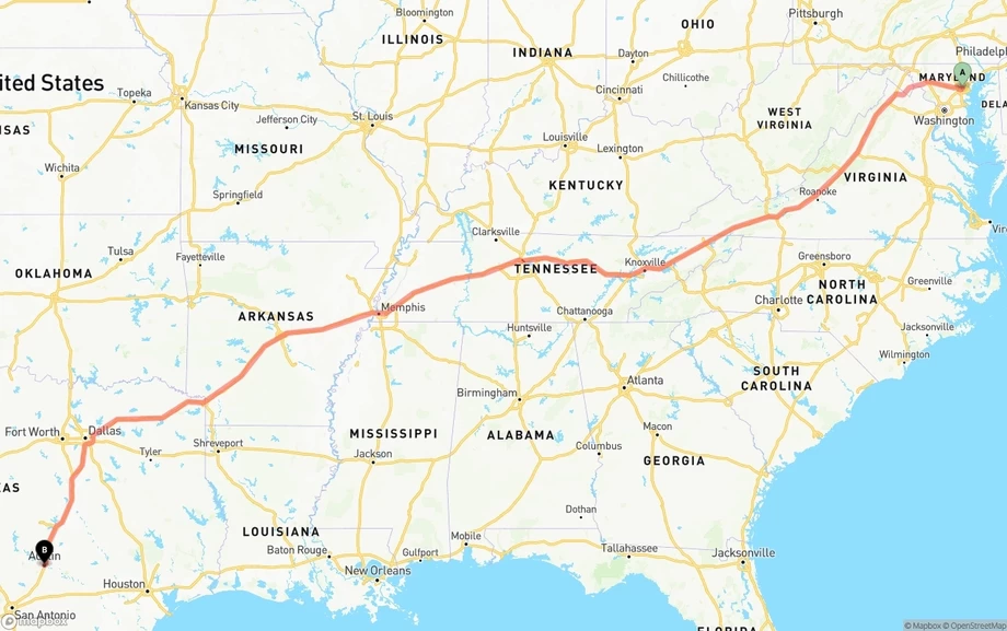 Baltimore to Austin freight shipping route map