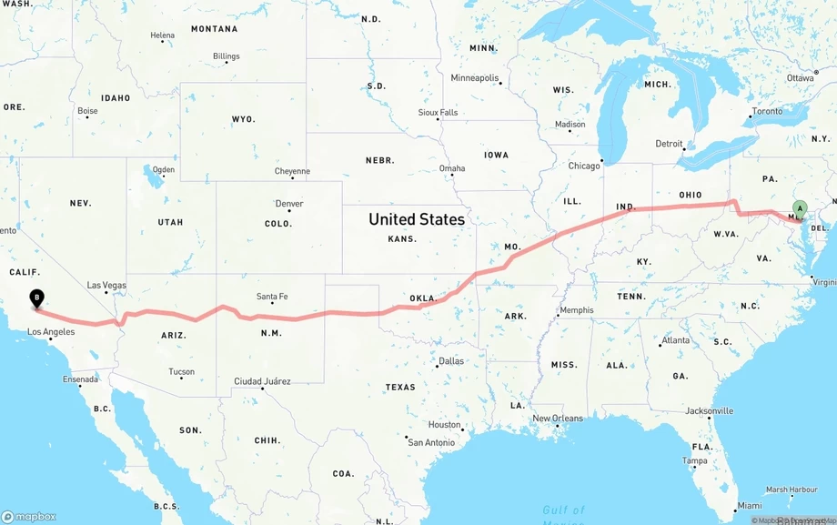 Baltimore to Bakersfield freight shipping route map
