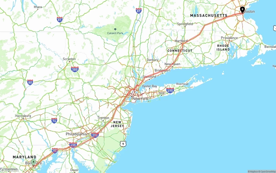 Baltimore to Boston freight shipping route map