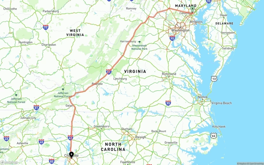 Baltimore to Charlotte freight shipping route map