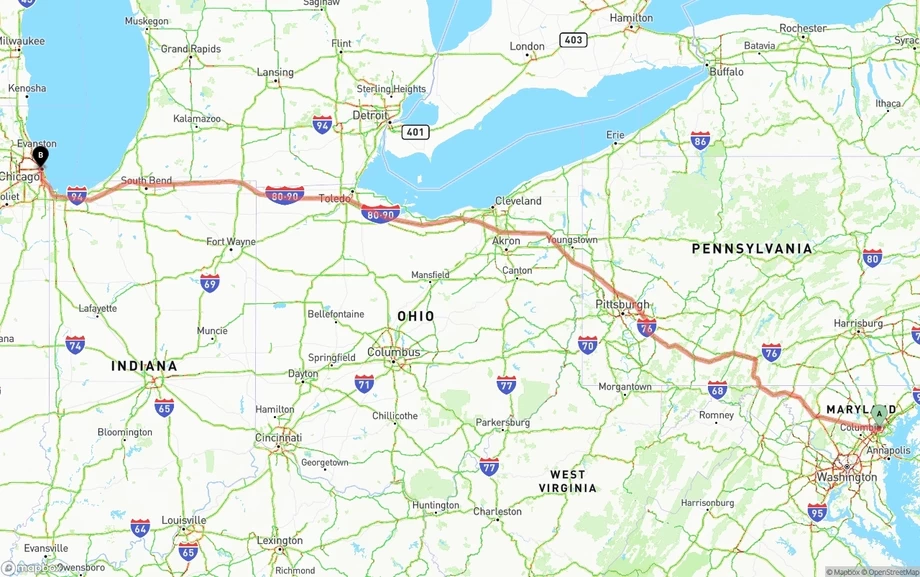 Baltimore to Chicago freight shipping route map