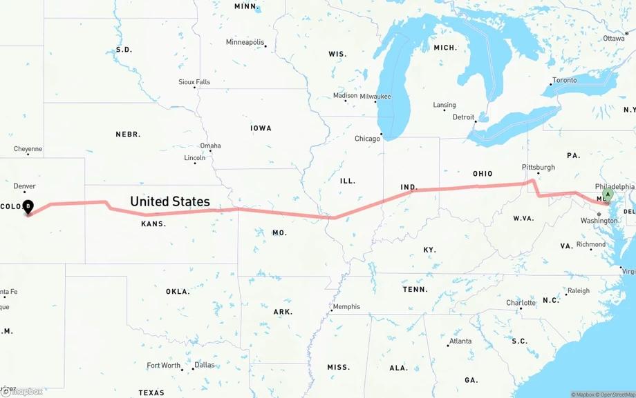 Baltimore to Colorado Springs freight shipping route map