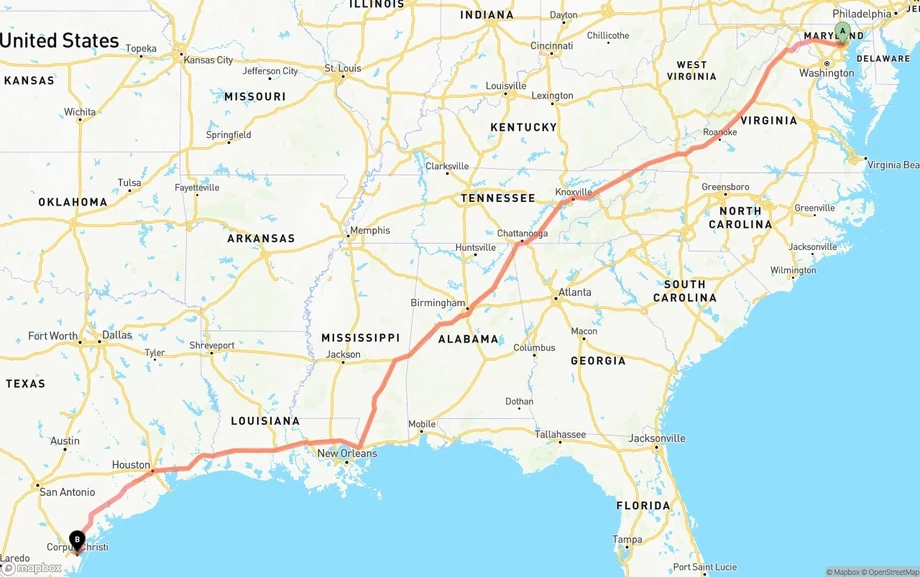 Baltimore to Corpus Christi freight shipping route map