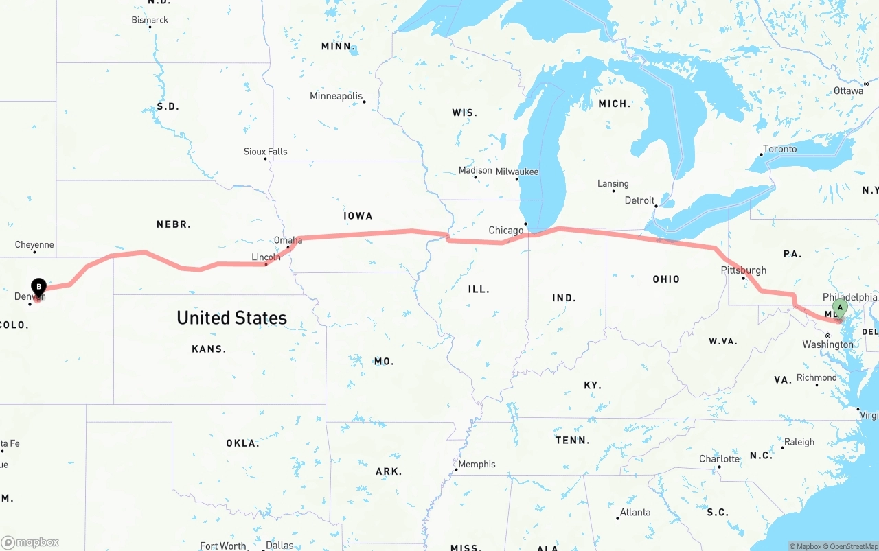 Shipping route from Baltimore to Denver International Airport