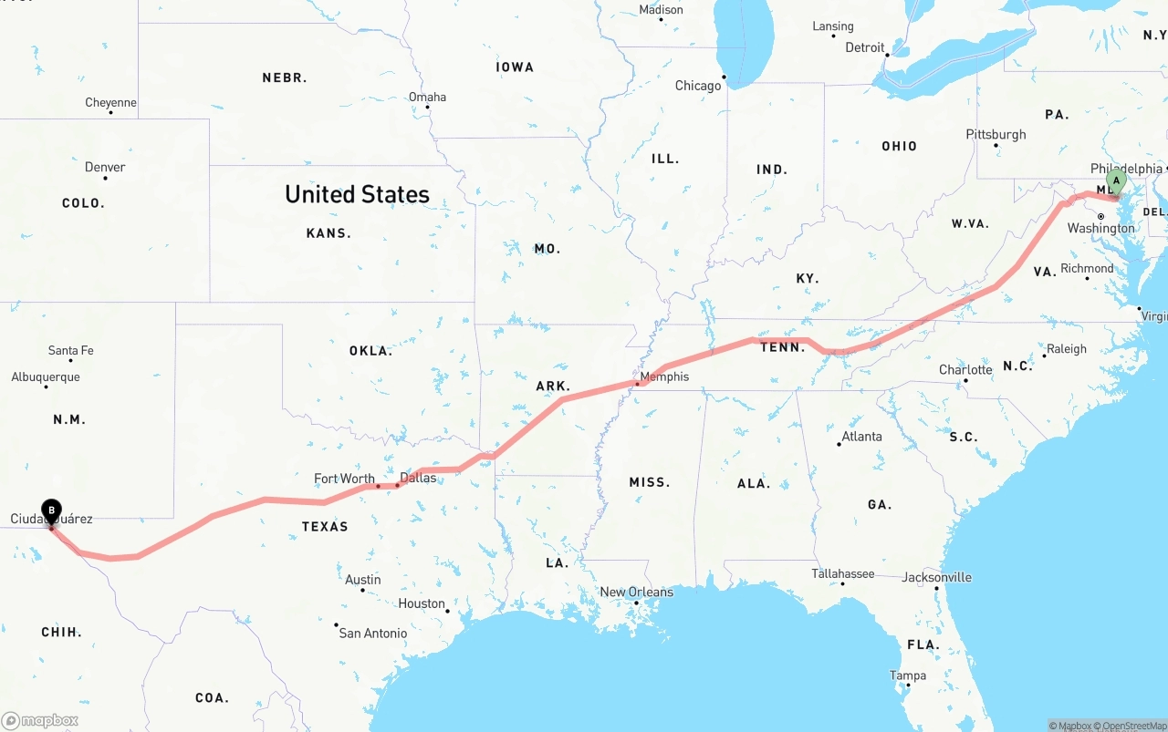 Shipping route from Baltimore to El Paso