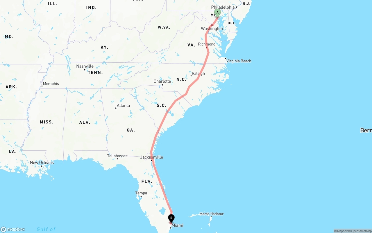 Shipping route from Baltimore to Fort Lauderdale-Hollywood International Airport