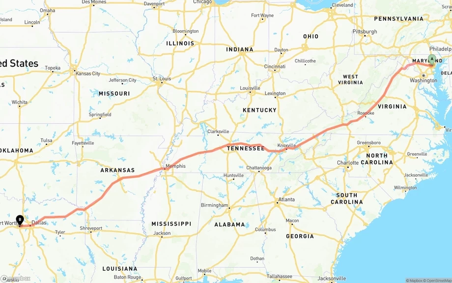 Baltimore to Fort Worth freight shipping route map