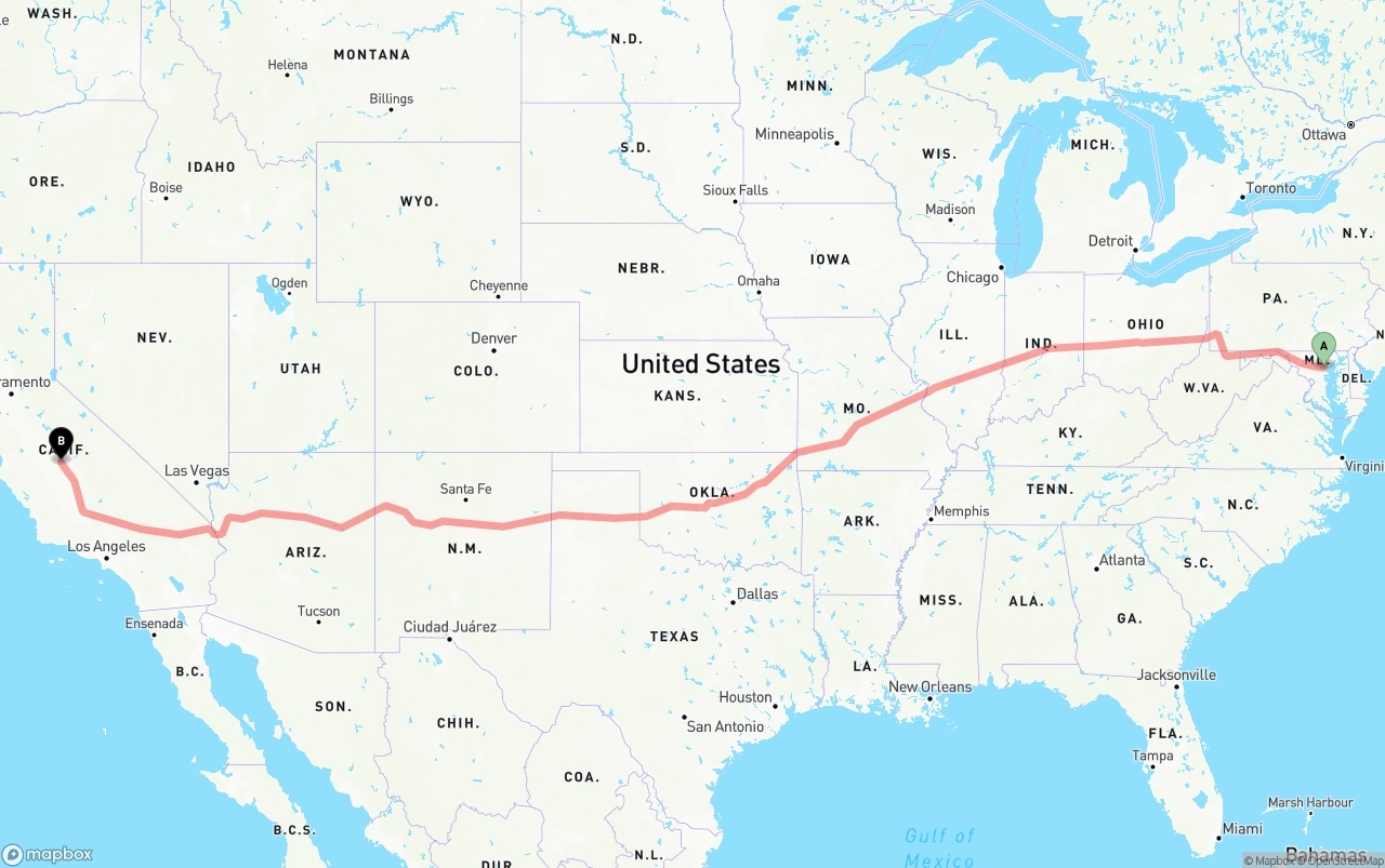 Shipping route from Baltimore to Fresno