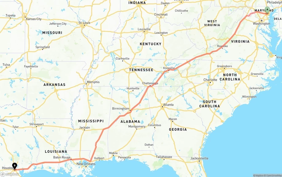 Baltimore to Houston freight shipping route map