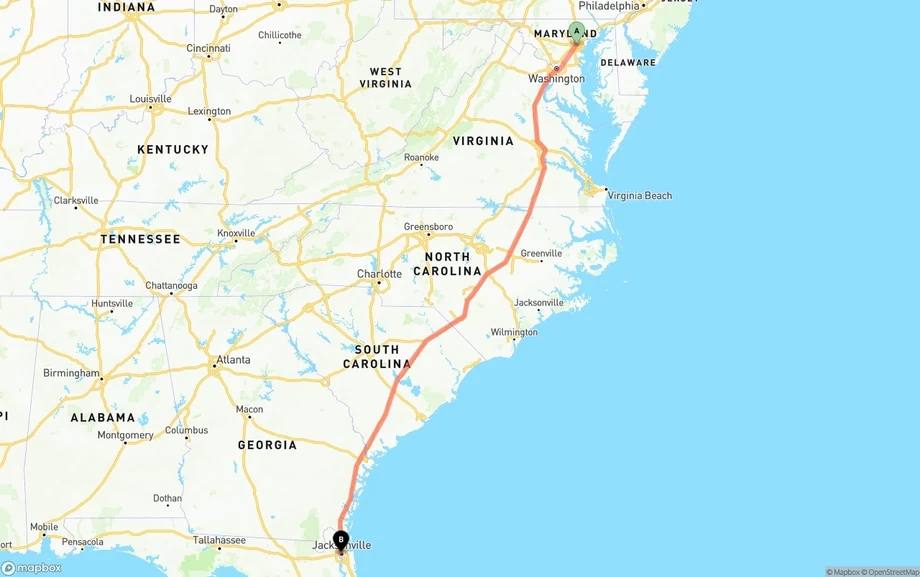 Baltimore to Jacksonville freight shipping route map