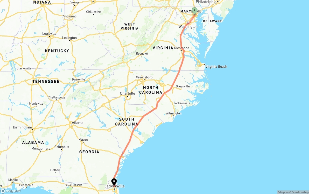 Shipping route from Baltimore to Jacksonville International Airport