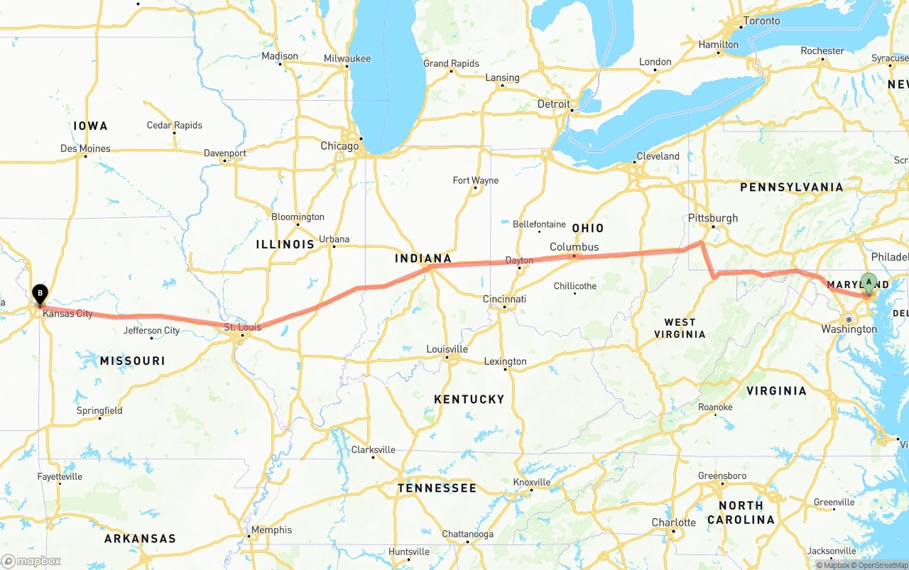 Shipping route from Baltimore to Kansas City