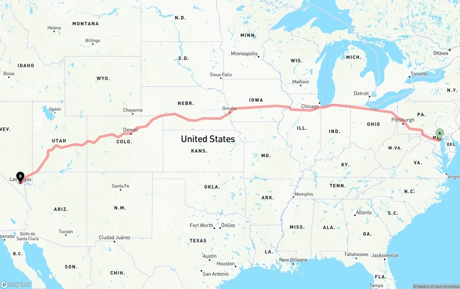 Baltimore to Las Vegas freight shipping route map