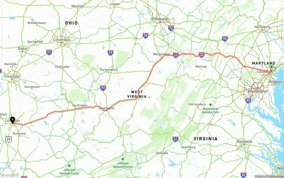 Baltimore to Lexington freight shipping route map