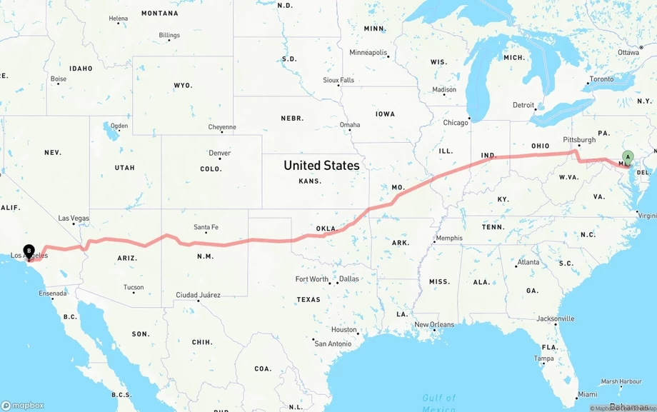 Baltimore to Los Angeles freight shipping route map