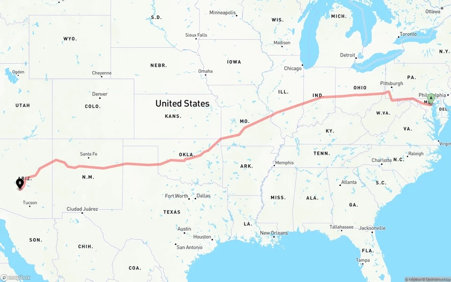 Baltimore to Mesa freight shipping route map