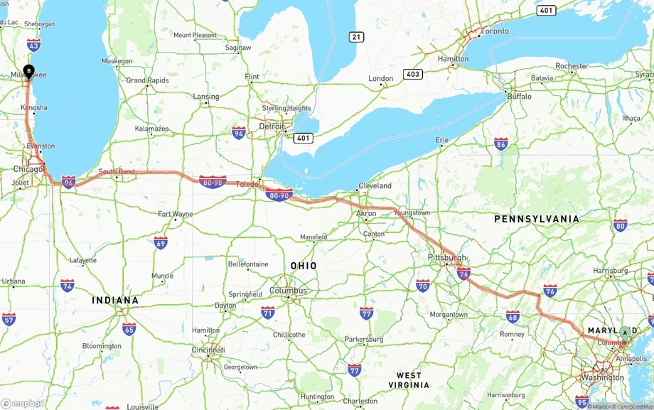 Baltimore to Milwaukee freight shipping route map