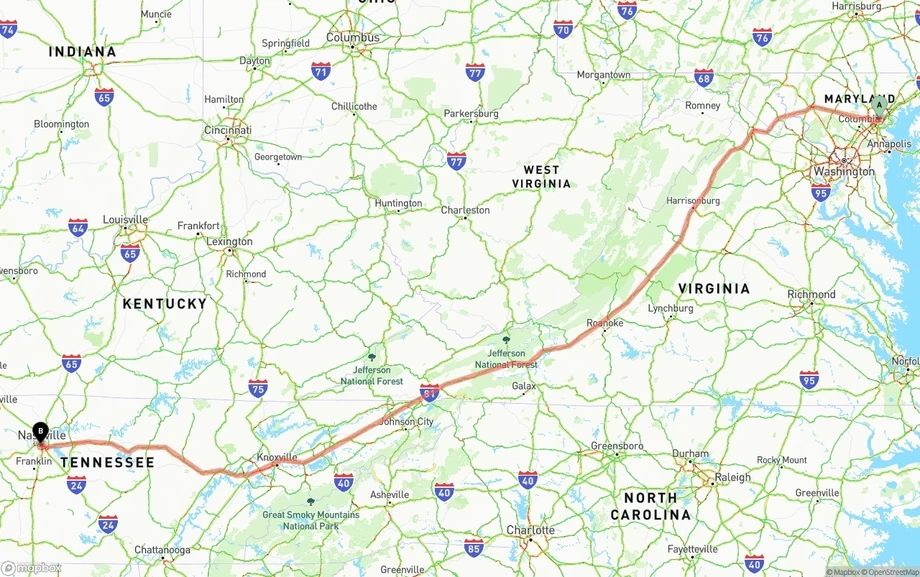 Baltimore to Nashville freight shipping route map