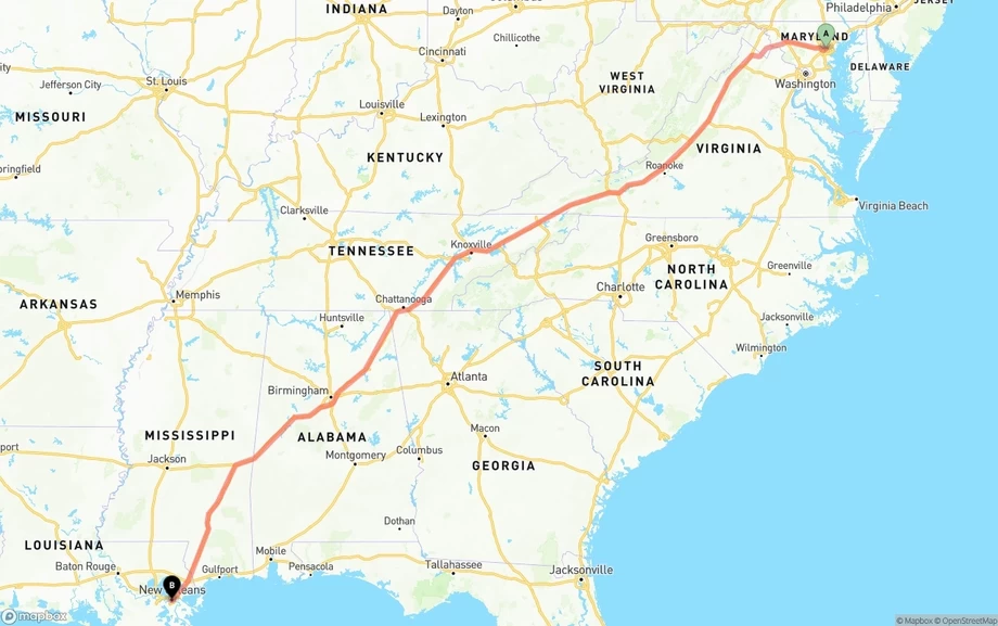 Baltimore to New Orleans freight shipping route map