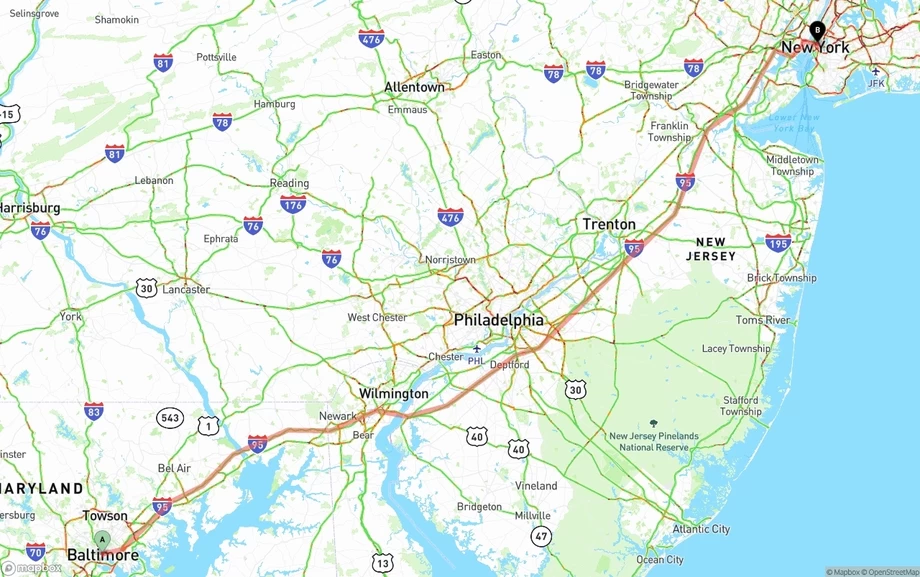 Baltimore to New York City freight shipping route map