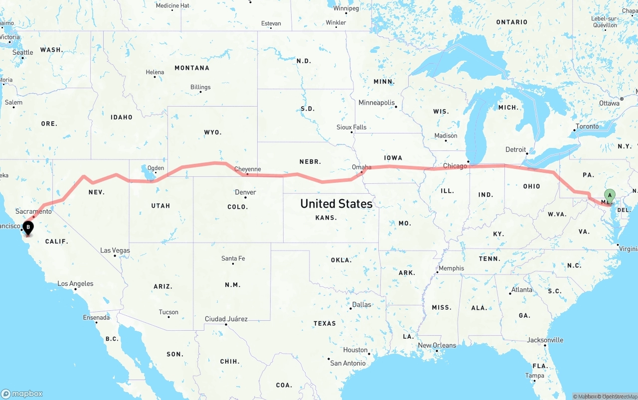 Shipping route from Baltimore to Norman Y. Mineta San Jose International Airport