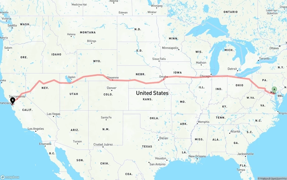 Baltimore to Oakland freight shipping route map