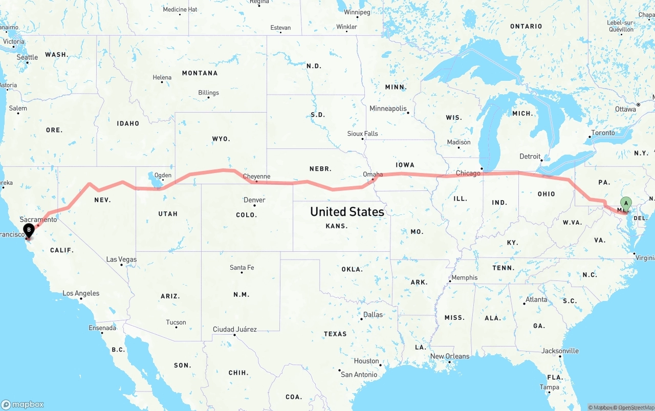 Shipping route from Baltimore to Oakland International Airport